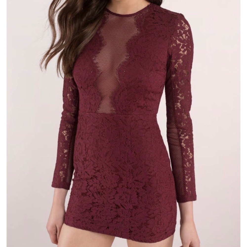 Burgundy, lace and mesh body-con dress (TOBI)